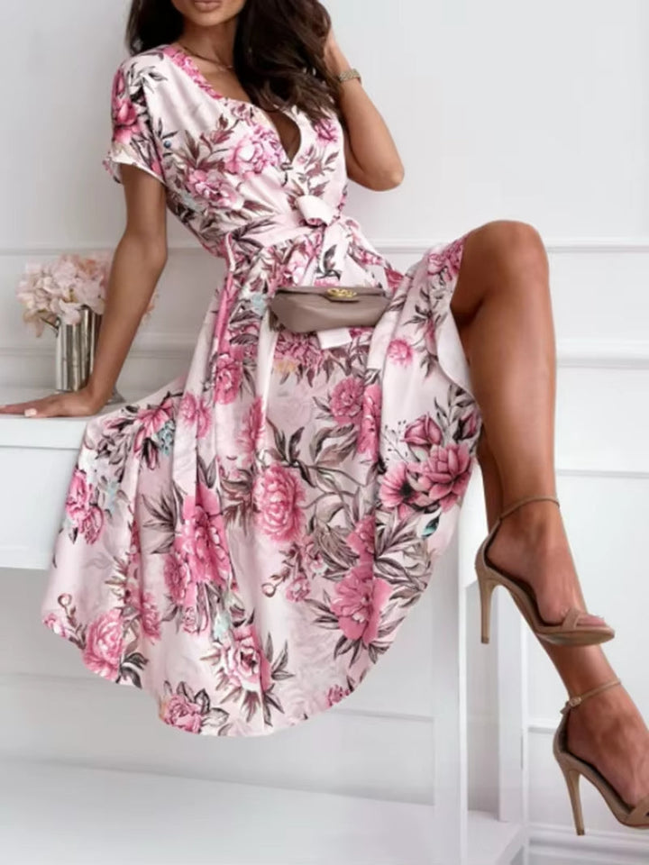 Robe à manches courtes à imprimé floral avec ceinture verte - Mirella