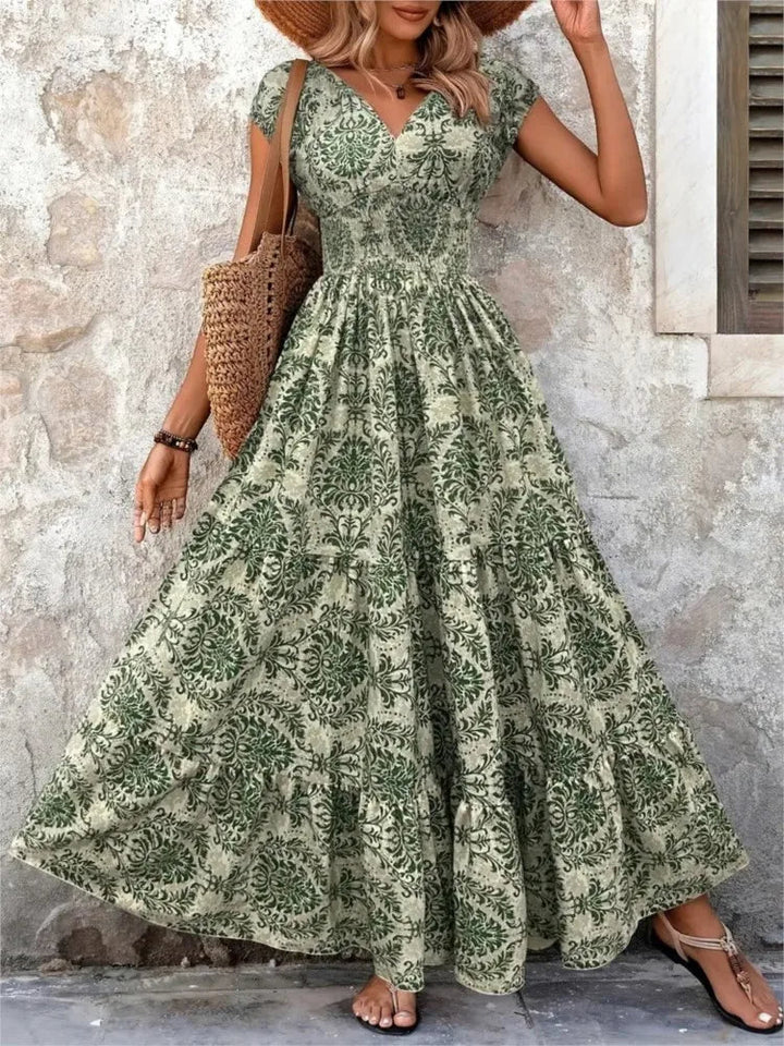 Robe longue femme imprimé bohème décolleté V vert - Natalia