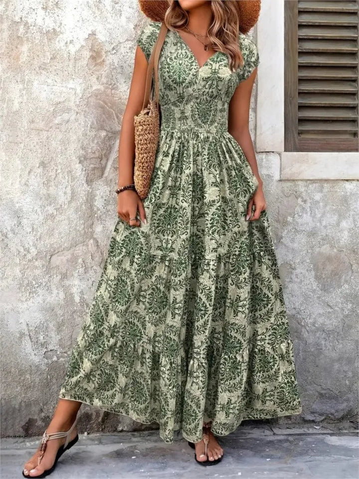 Robe longue femme imprimé bohème décolleté V vert - Natalia
