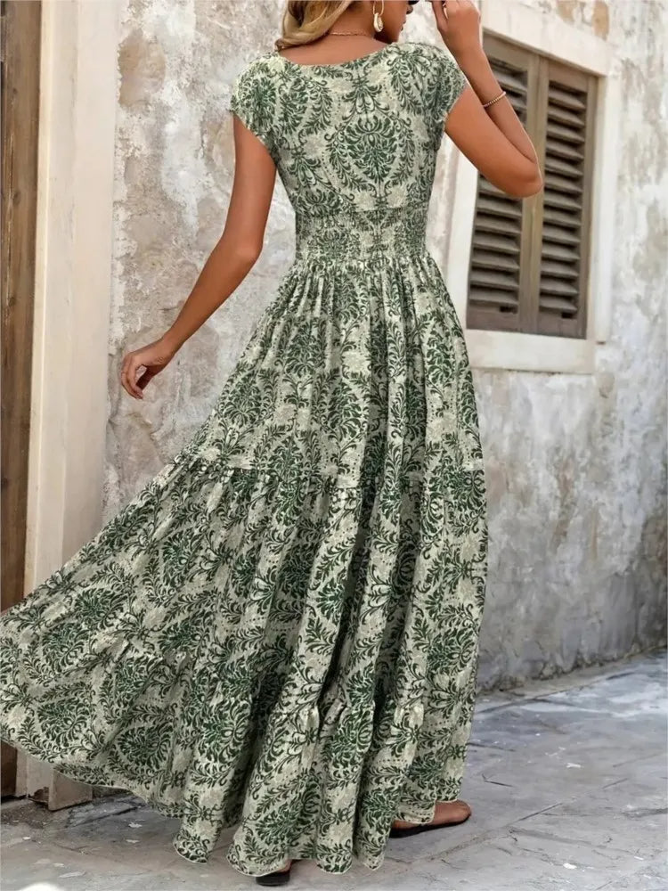 Robe longue femme imprimé bohème décolleté V vert - Natalia