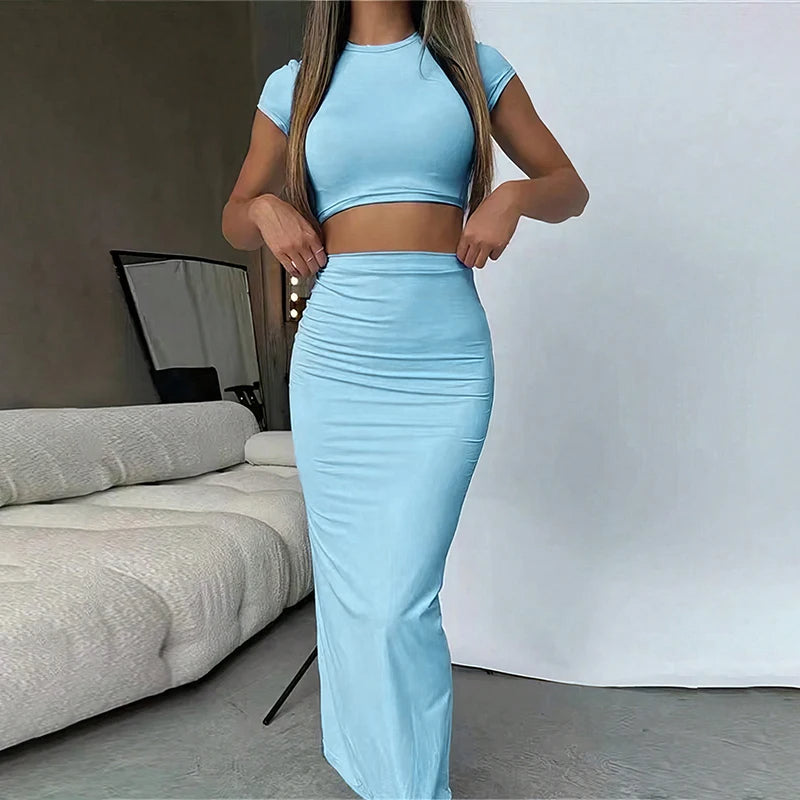 Ensemble deux pièces pour femme, haut court et jupe longue, bleu clair - Bleu clair