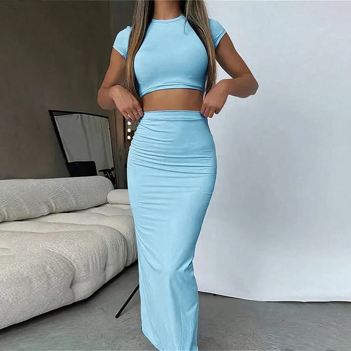 Ensemble deux pièces pour femme, haut court et jupe longue, bleu clair - Bleu clair