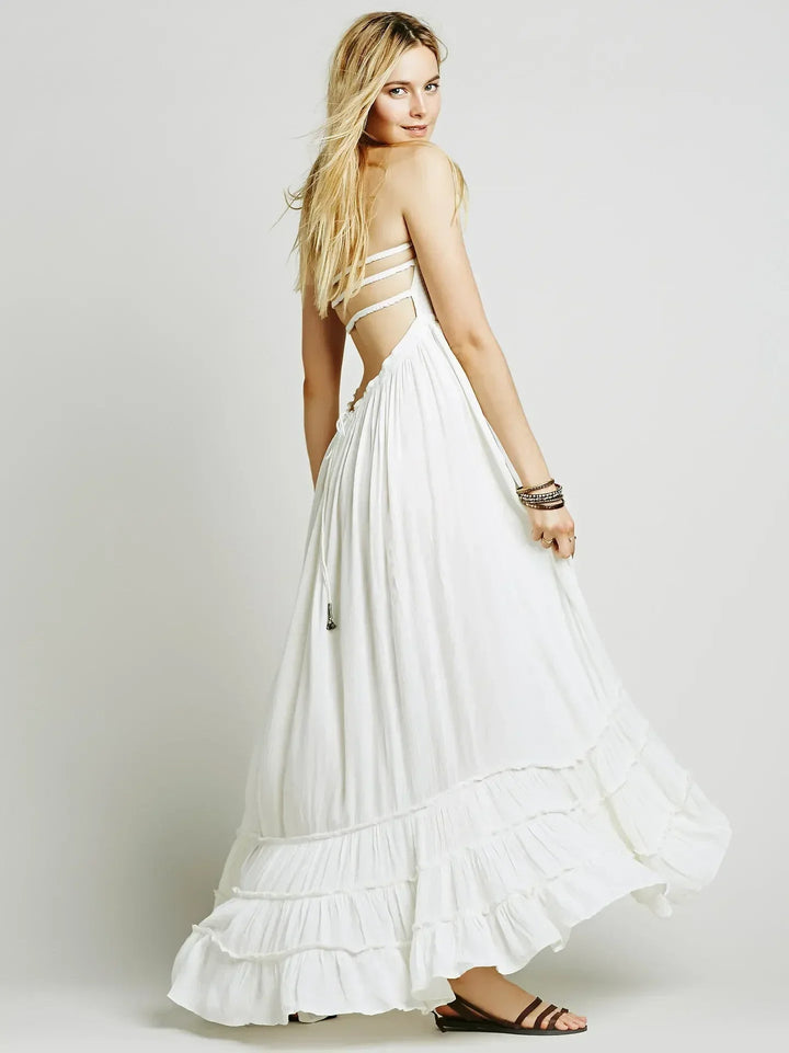 Robe longue femme bohème dos ouvert bleu - Nayela