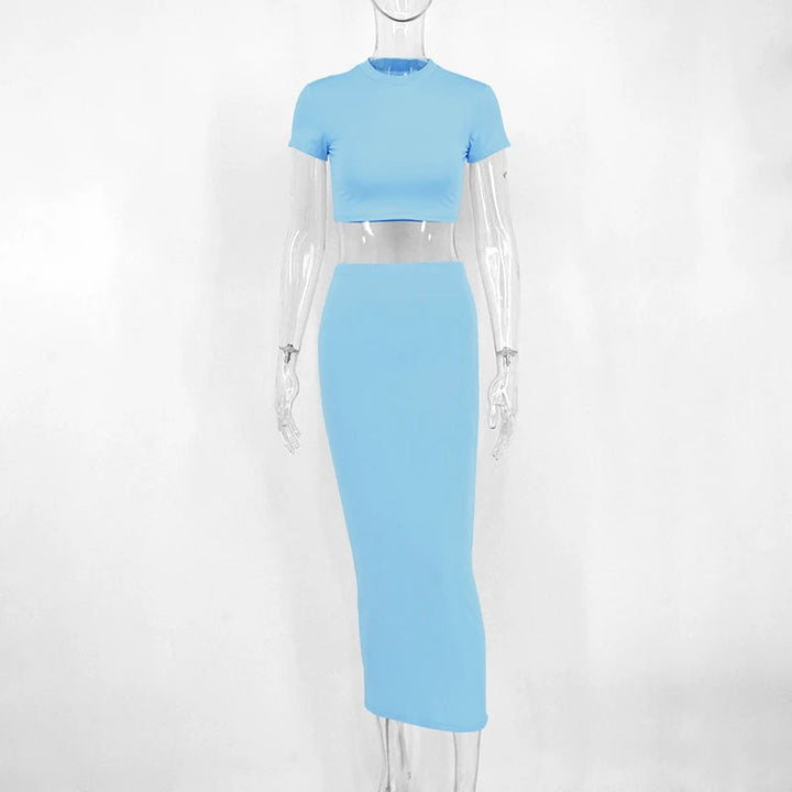 Ensemble deux pièces pour femme, haut court et jupe longue, bleu clair - Bleu clair