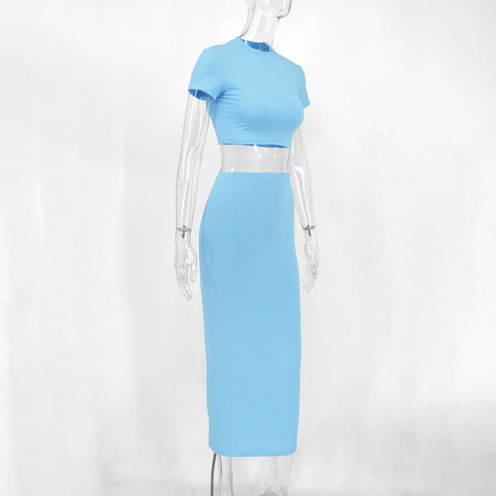 Ensemble deux pièces pour femme, haut court et jupe longue, bleu clair - Bleu clair