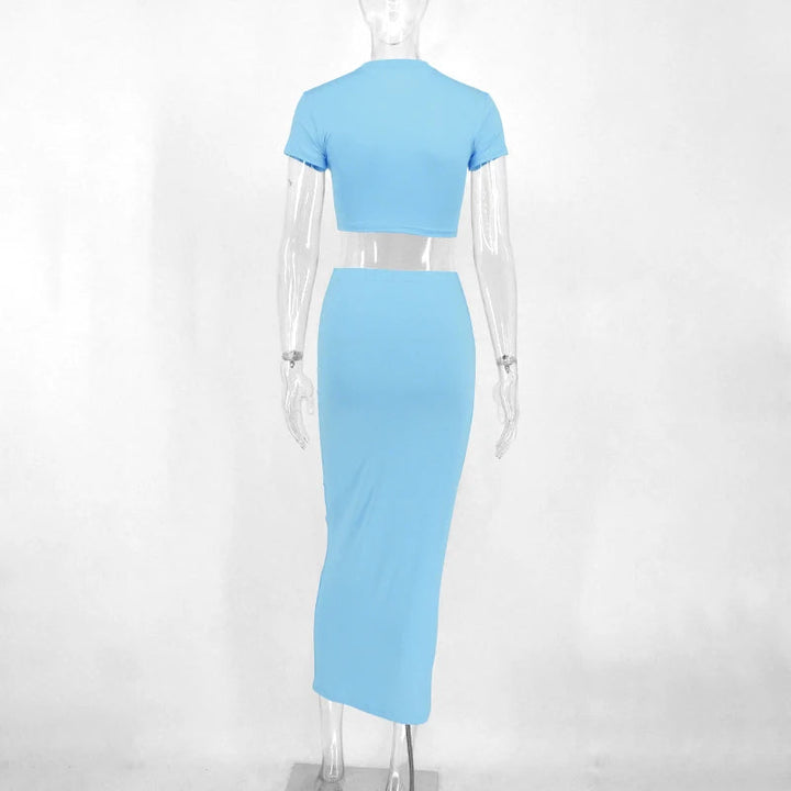 Ensemble deux pièces pour femme, haut court et jupe longue, bleu clair - Bleu clair