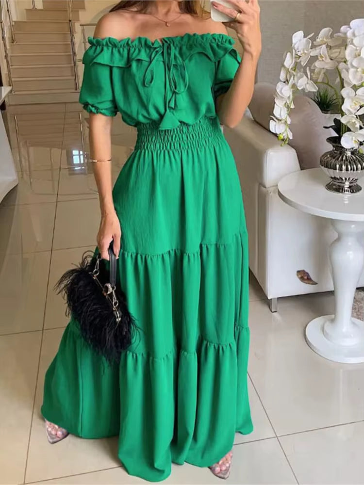 Robe longue à épaules dénudées et volants fuchsia - Malena