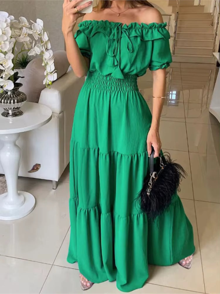 Robe longue à épaules dénudées et volants fuchsia - Malena
