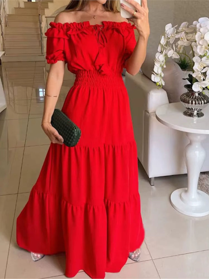 Robe longue à épaules dénudées et volants fuchsia - Malena
