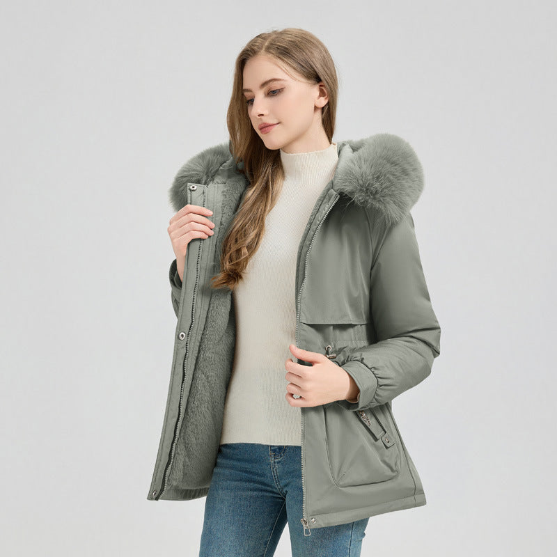 Manteau court avec large capuche et col en fausse fourrure - Lareen