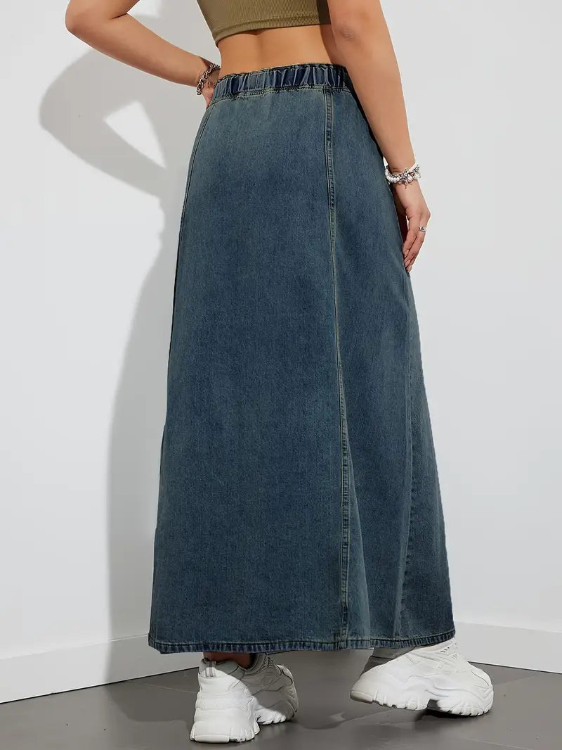 Jupe longue en denim avec cordon de serrage réglable, confortable et polyvalente, parfaite pour un look décontracté et branché