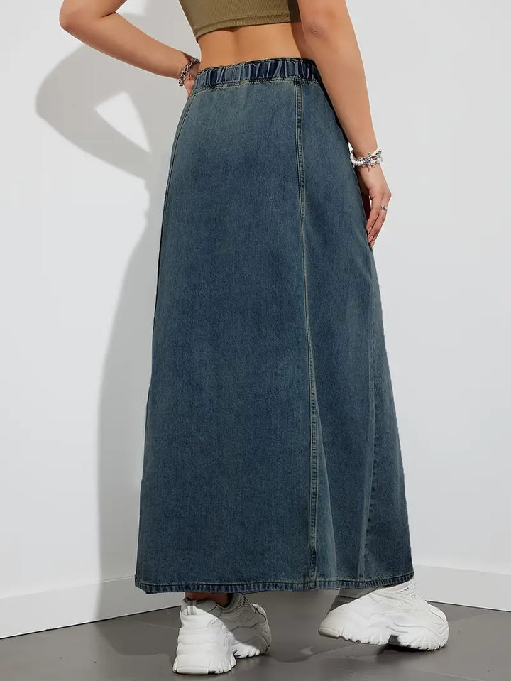 Jupe longue en denim avec cordon de serrage réglable, confortable et polyvalente, parfaite pour un look décontracté et branché