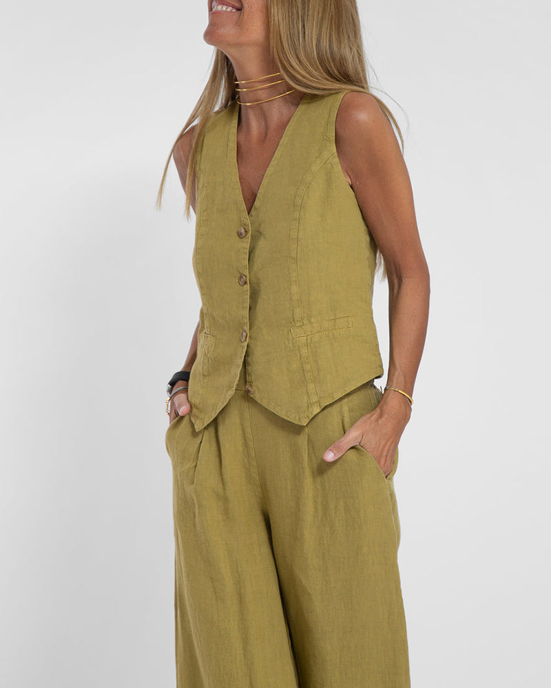 GracefulEase - Simple Elegant Linen Vest and Wide Trousers Set (Ensemble gilet et pantalon large en lin)