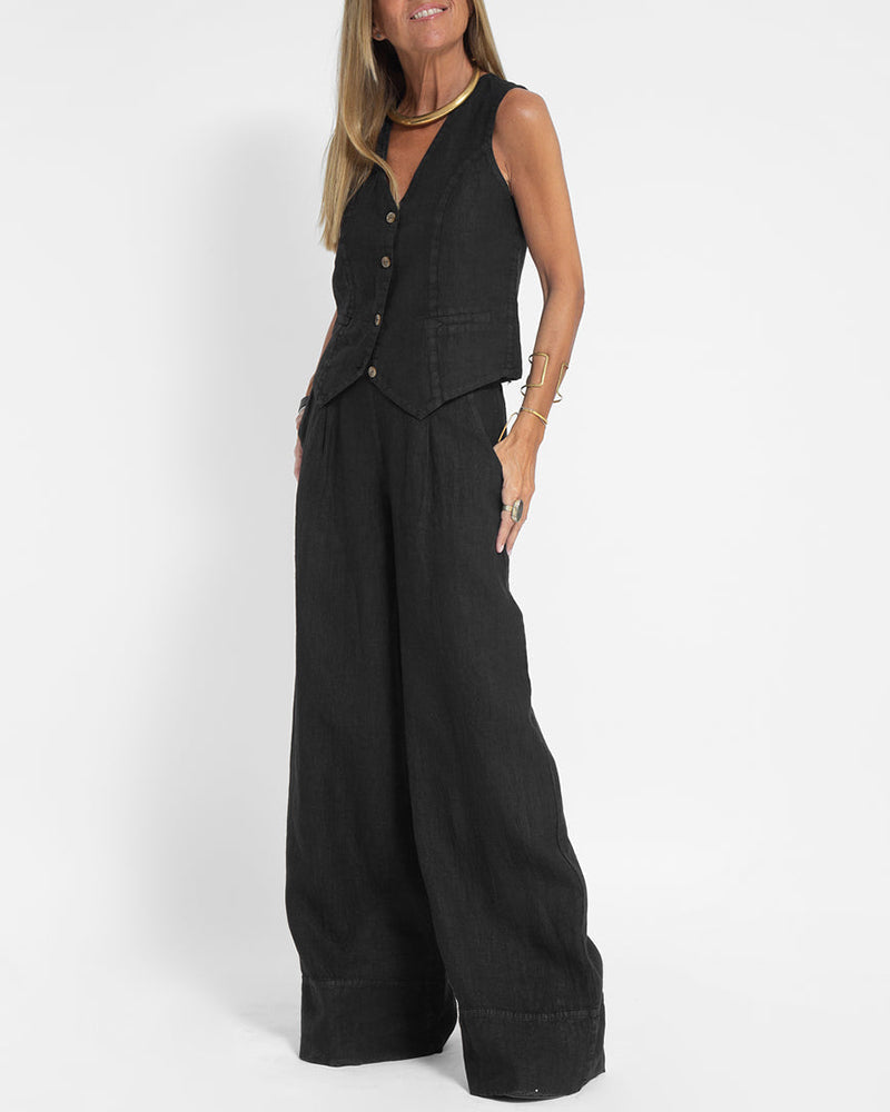 GracefulEase - Simple Elegant Linen Vest and Wide Trousers Set (Ensemble gilet et pantalon large en lin)