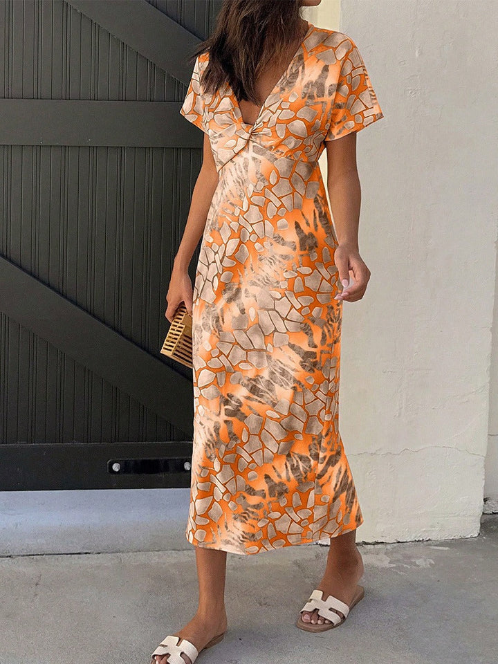 Robe midi pour femmes, imprimé abstrait, décolleté en V - Renata