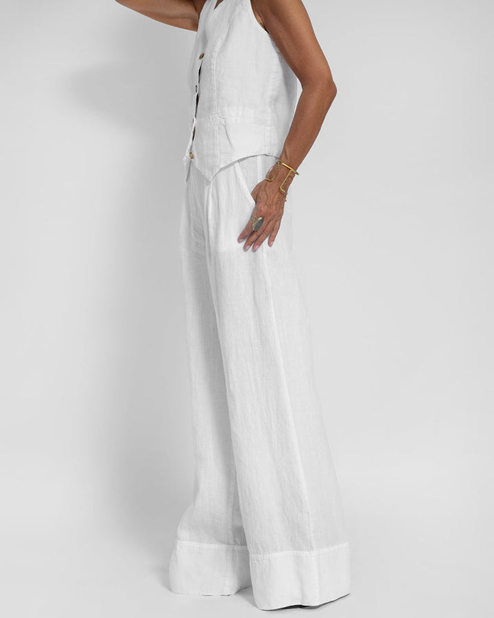 GracefulEase - Simple Elegant Linen Vest and Wide Trousers Set (Ensemble gilet et pantalon large en lin)