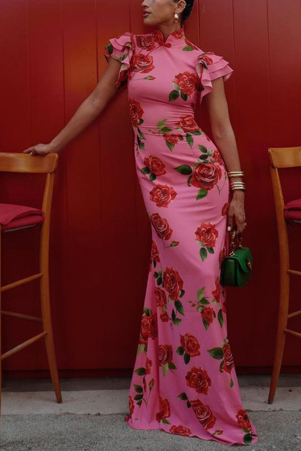 Elena - Robe longue à manches évasées et imprimé floral rose