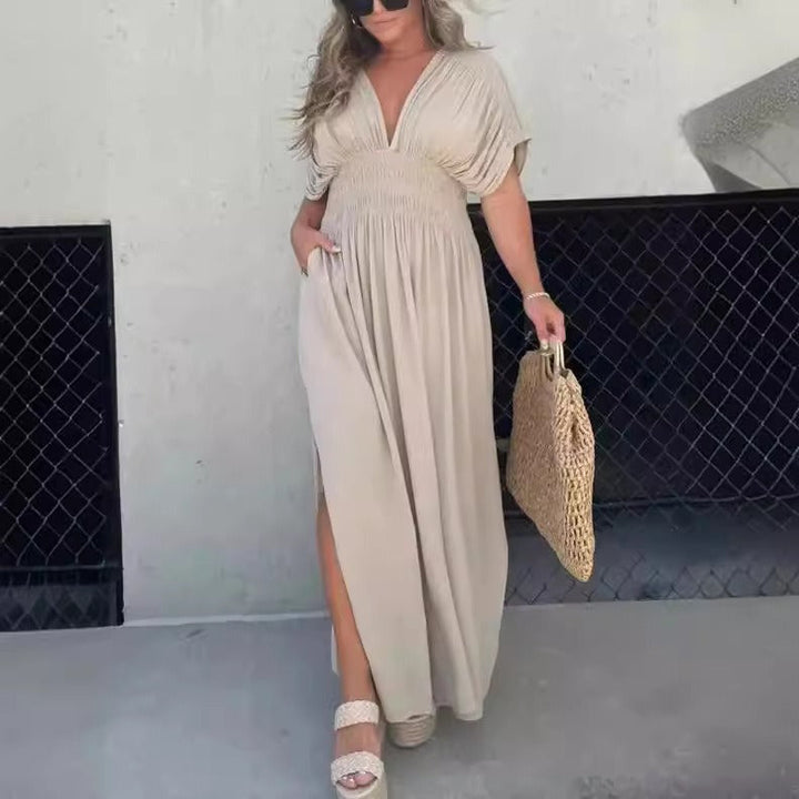 Robe longue à col en V et taille froncée pour femme - Renata