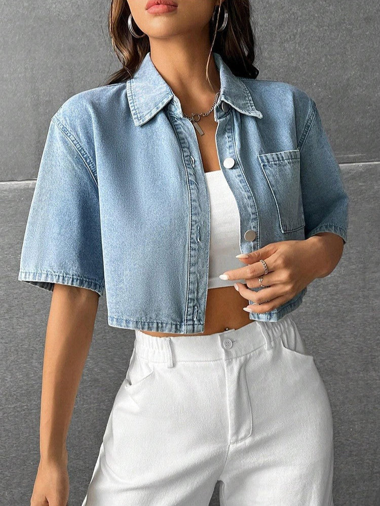 Chemise courte décontractée en denim pour femmes avec poche avant - Emilia