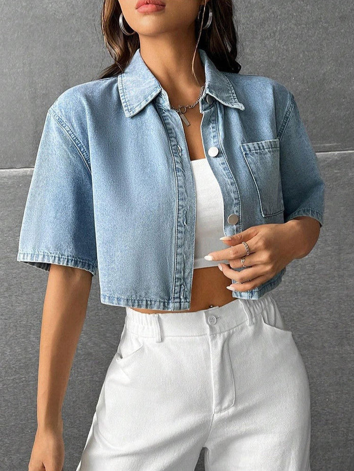 Chemise courte décontractée en denim pour femmes avec poche avant - Emilia
