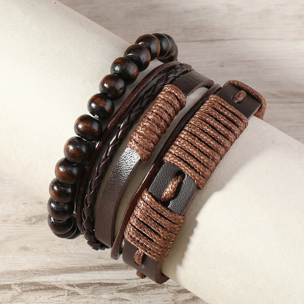 Bracelet homme corde cirée et cuir design tribal 3 pièces - Terrakai