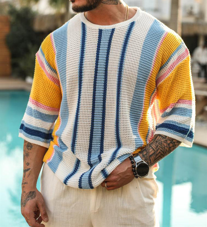 T-shirt en crochet ajouré à rayures multicolores pour hommes - Dorian