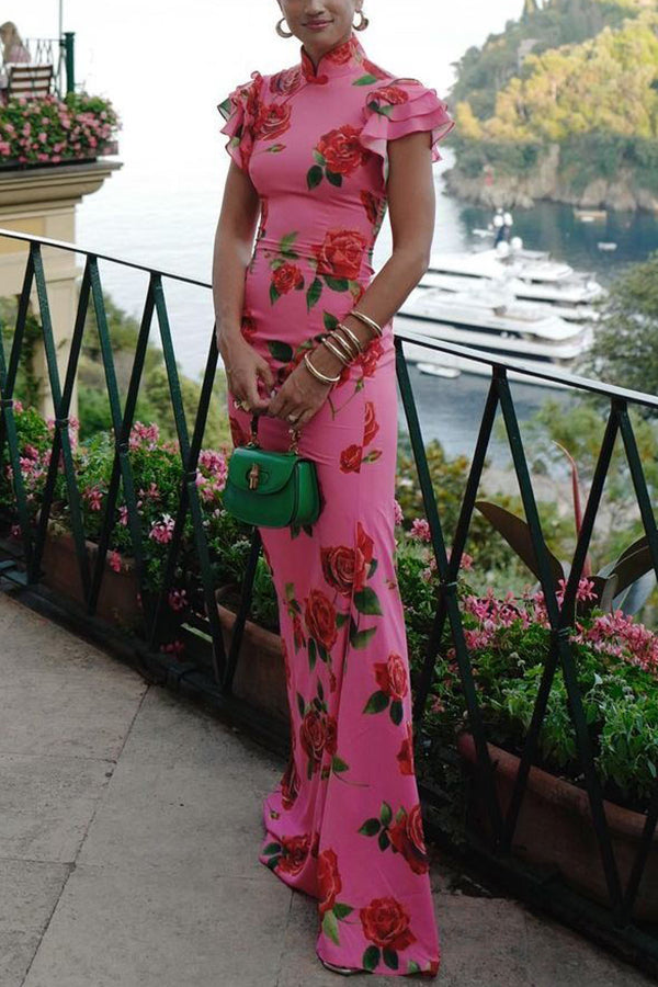 Elena - Robe longue à manches évasées et imprimé floral rose