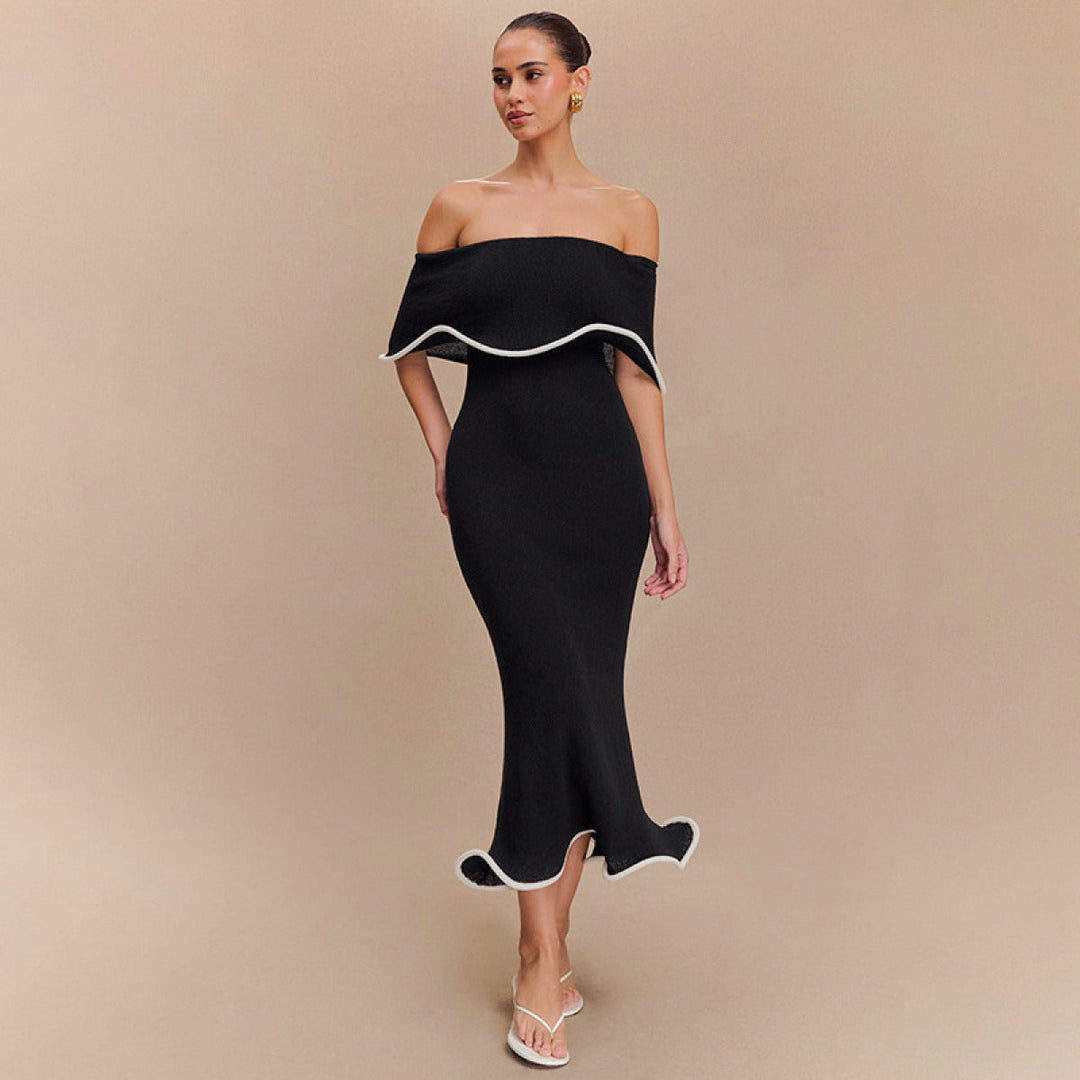 Robe longue pour femme avec encolure bardot et volants de style sirène - Camila