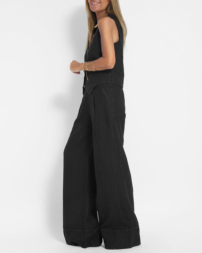 GracefulEase - Simple Elegant Linen Vest and Wide Trousers Set (Ensemble gilet et pantalon large en lin)