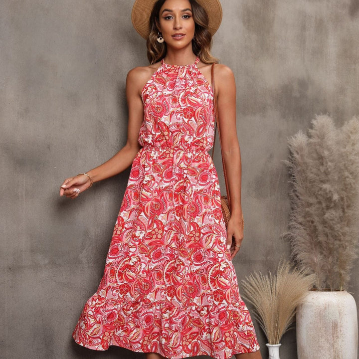 Robe midi pour femme à imprimé floral, sans manches, style dos nu - Mariela