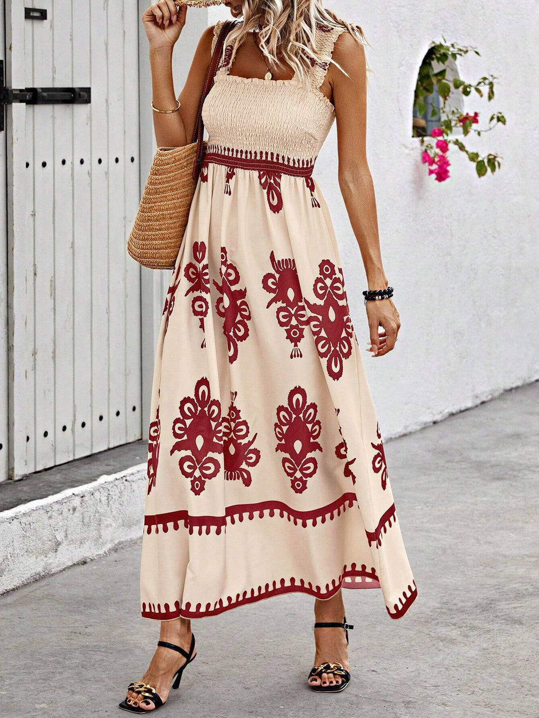 Robe longue à imprimé bohème pour femme, bretelles de plage beiges et noires - Zahara