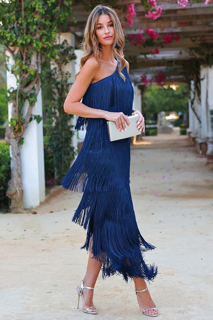 Eliza - Robe à motifs multicouches avec pompons