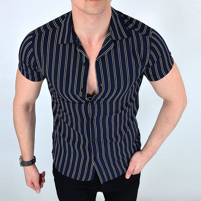 Chemise rayée à manches courtes pour hommes avec col en V