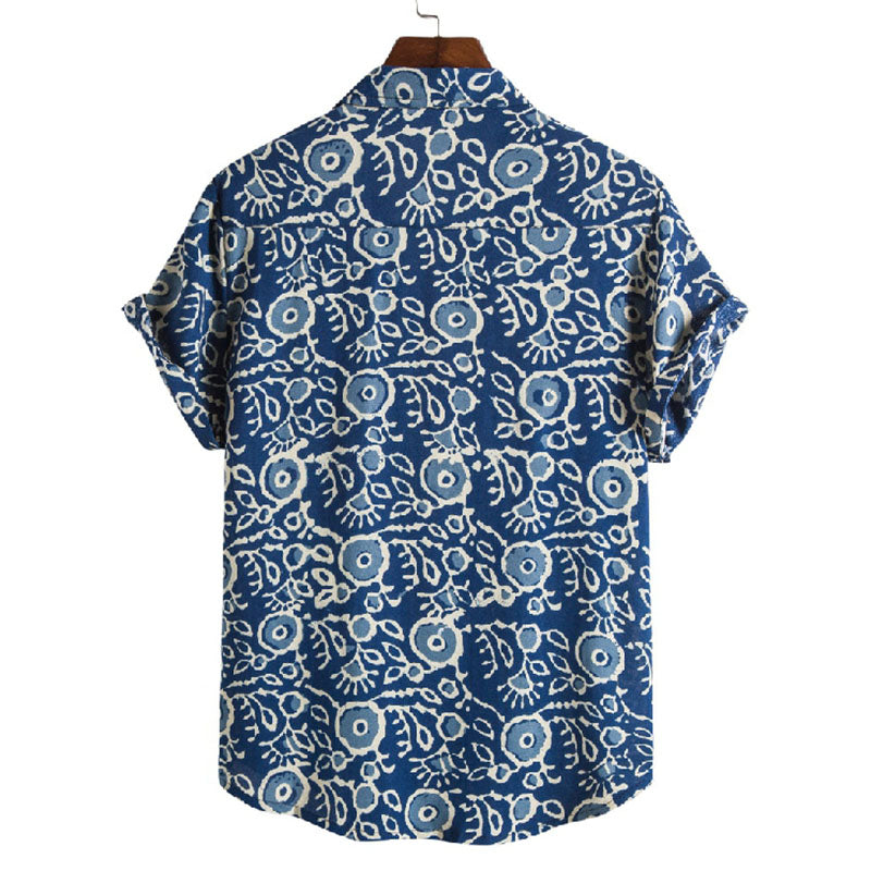 Chemise élégante à manches courtes pour hommes en coton bleu avec impression vintage