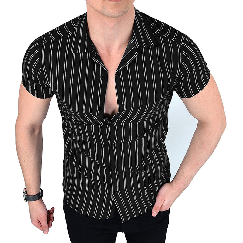 Chemise rayée à manches courtes pour hommes avec col en V