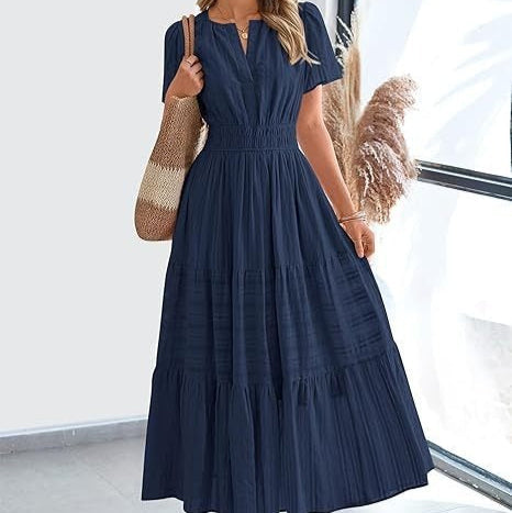 Robe midi plissée à manches courtes pour femme, style bohème - Lorena
