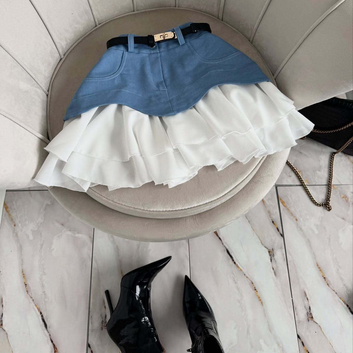 Minijupe en denim pour femme combinée à des volants plissés coupe superposée - Yvette