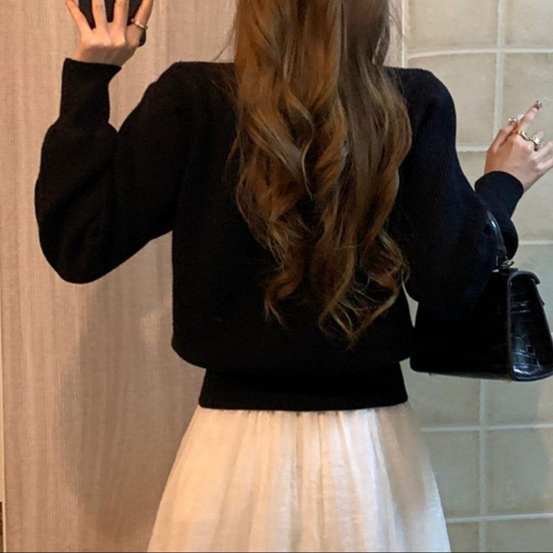Cardigan femme rétro à col en V et manches bouffantes - Odile