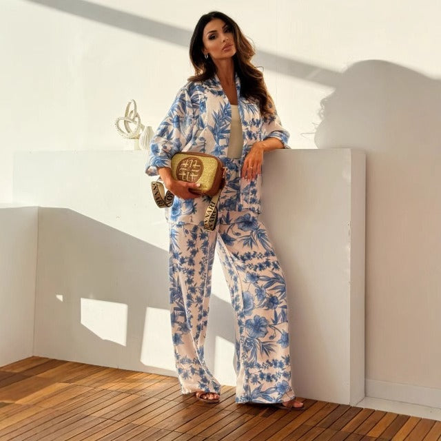 Ensemble femme avec pantalon droit et chemise à imprimé floral - Fabienne