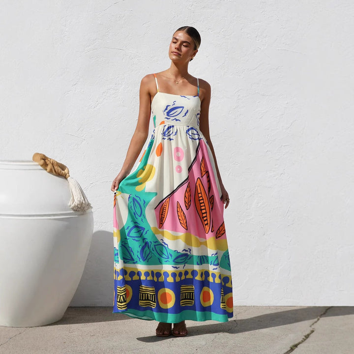 Robe longue fluide imprimée à bretelles pour femme - Naïma