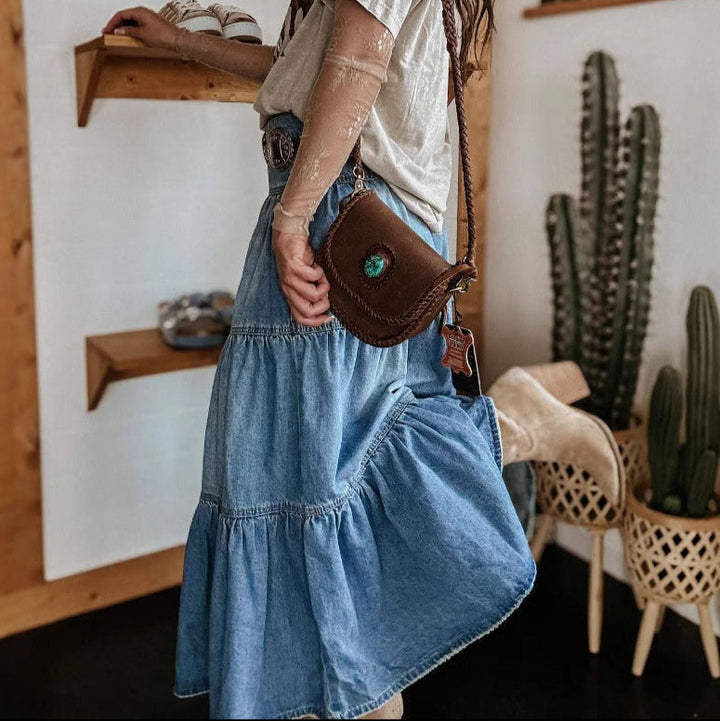 Jupe en denim longueur midi à taille haute et volant - Nuri