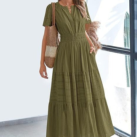 Robe midi plissée à manches courtes pour femme, style bohème - Lorena