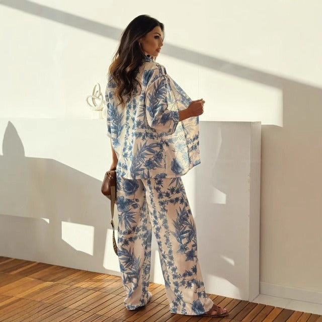 Ensemble femme avec pantalon droit et chemise à imprimé floral - Fabienne