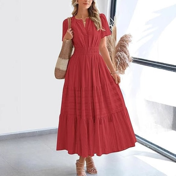 Robe midi plissée à manches courtes pour femme, style bohème - Lorena