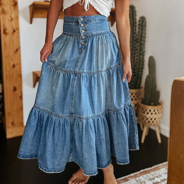 Jupe en denim longueur midi à taille haute et volant - Nuri