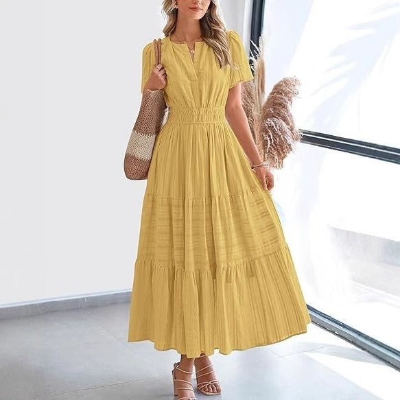 Robe midi plissée à manches courtes pour femme, style bohème - Lorena