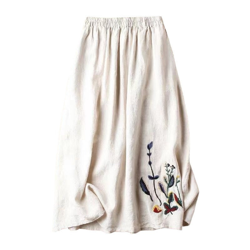 Jupe midi pour femme avec taille élastiquée et broderie florale faite à la main - Amandine