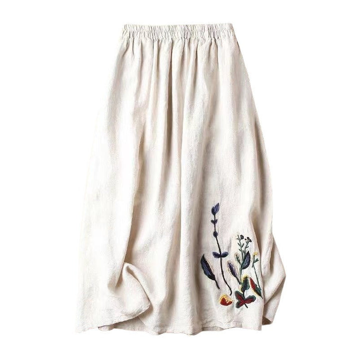 Jupe midi pour femme avec taille élastiquée et broderie florale faite à la main - Amandine