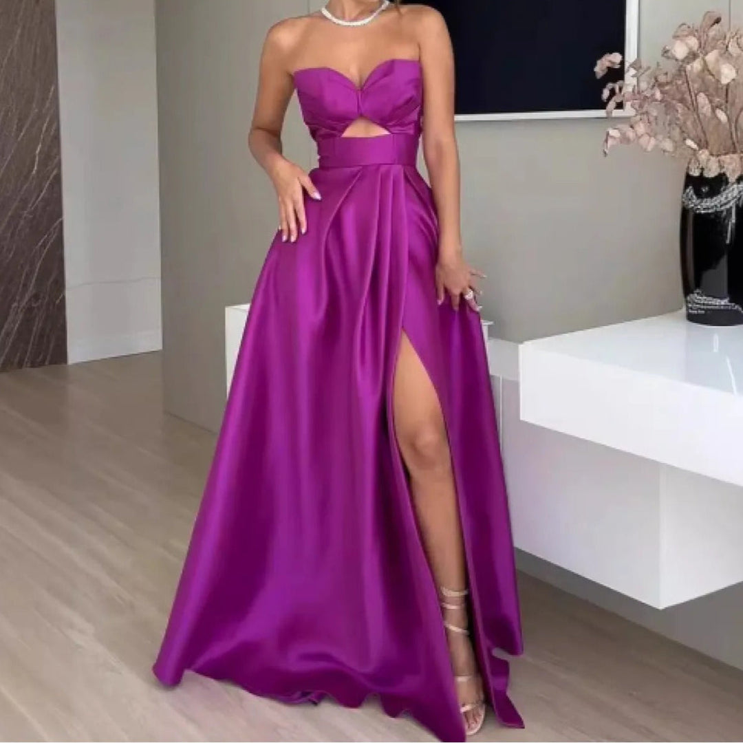 Robe longue pour femme en satin décolleté en cœur avec fente - Julieta