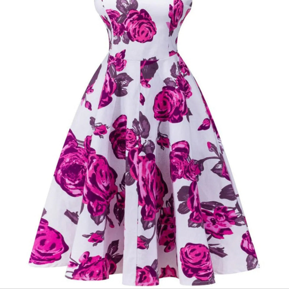 Robe midi pour femme, décolleté bateau floral, style évasé - Brigitte
